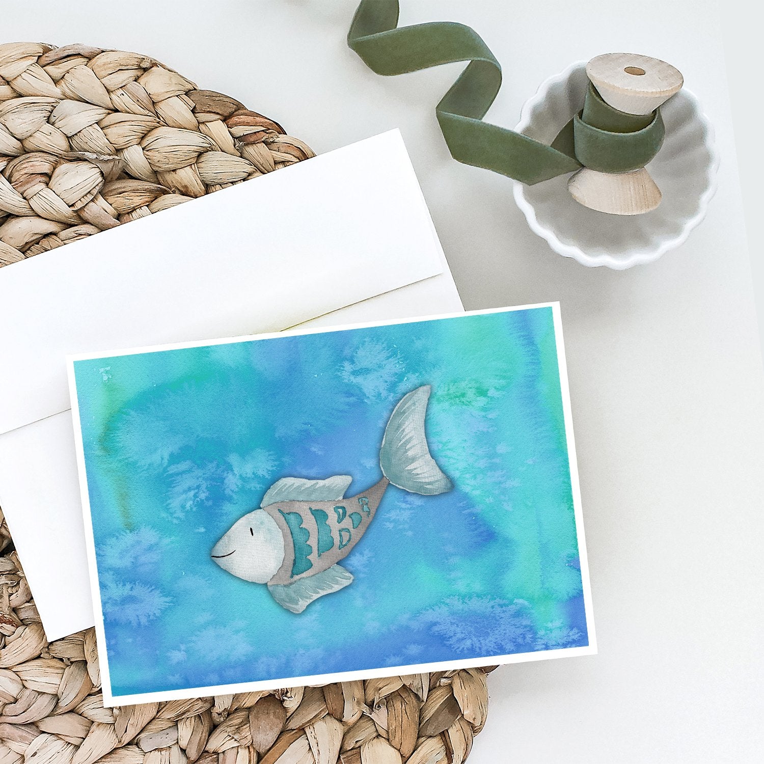 Blue Fish Watercolor Greeting Cards and Envelopes Pack of 8 - the-store.com