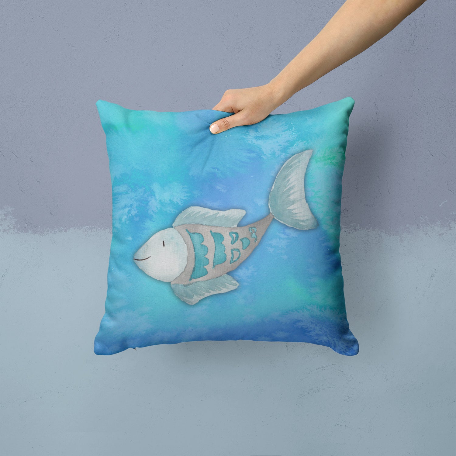 Blue Fish Watercolor Fabric Decorative Pillow BB7386PW1414 - the-store.com