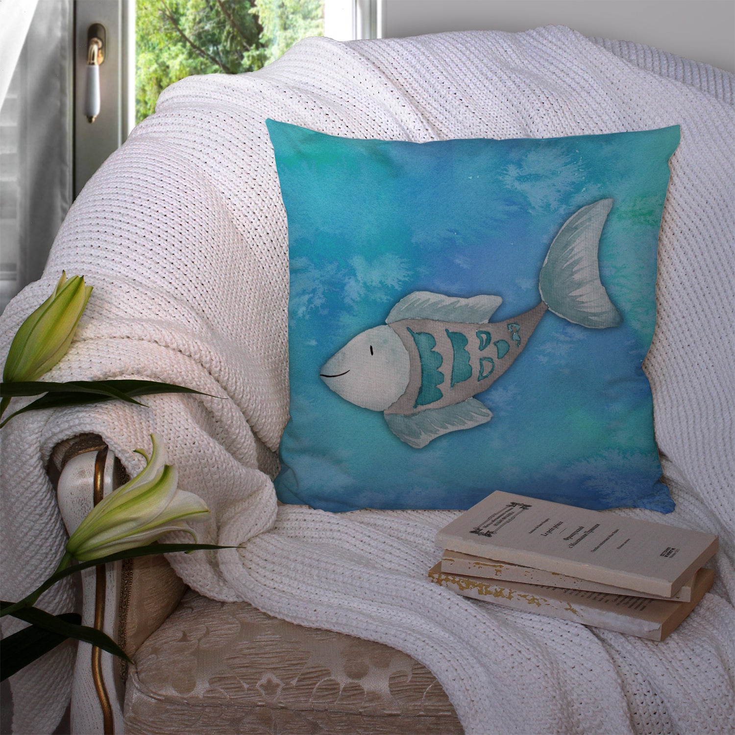Blue Fish Watercolor Fabric Decorative Pillow BB7386PW1414 - the-store.com