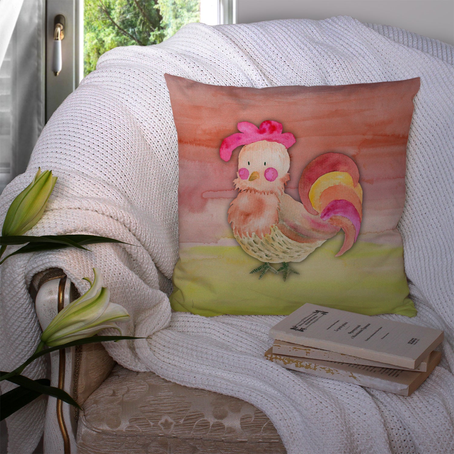 Rooster Watercolor Fabric Decorative Pillow BB7417PW1414 - the-store.com