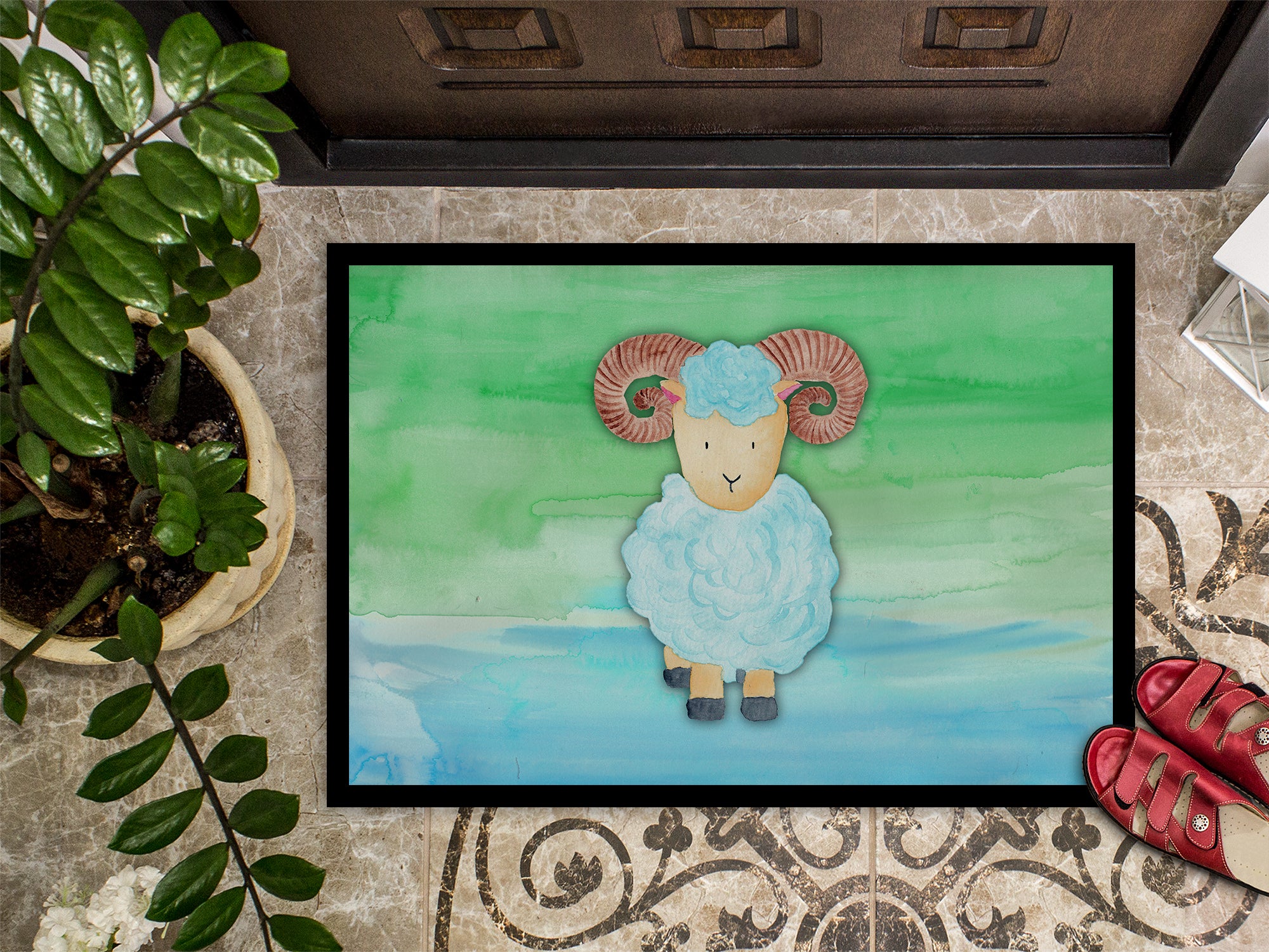 Ram Sheep Watercolor Indoor or Outdoor Mat 18x27 BB7418MAT - the-store.com