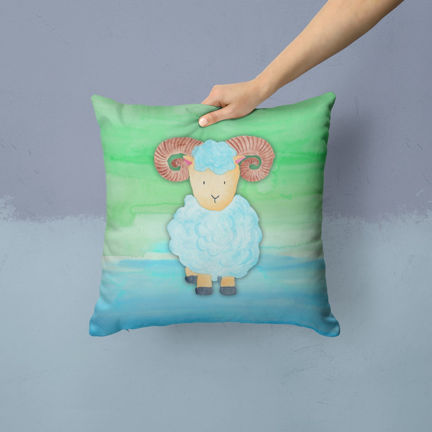 Ram Sheep Watercolor Fabric Decorative Pillow BB7418PW1414 - the-store.com