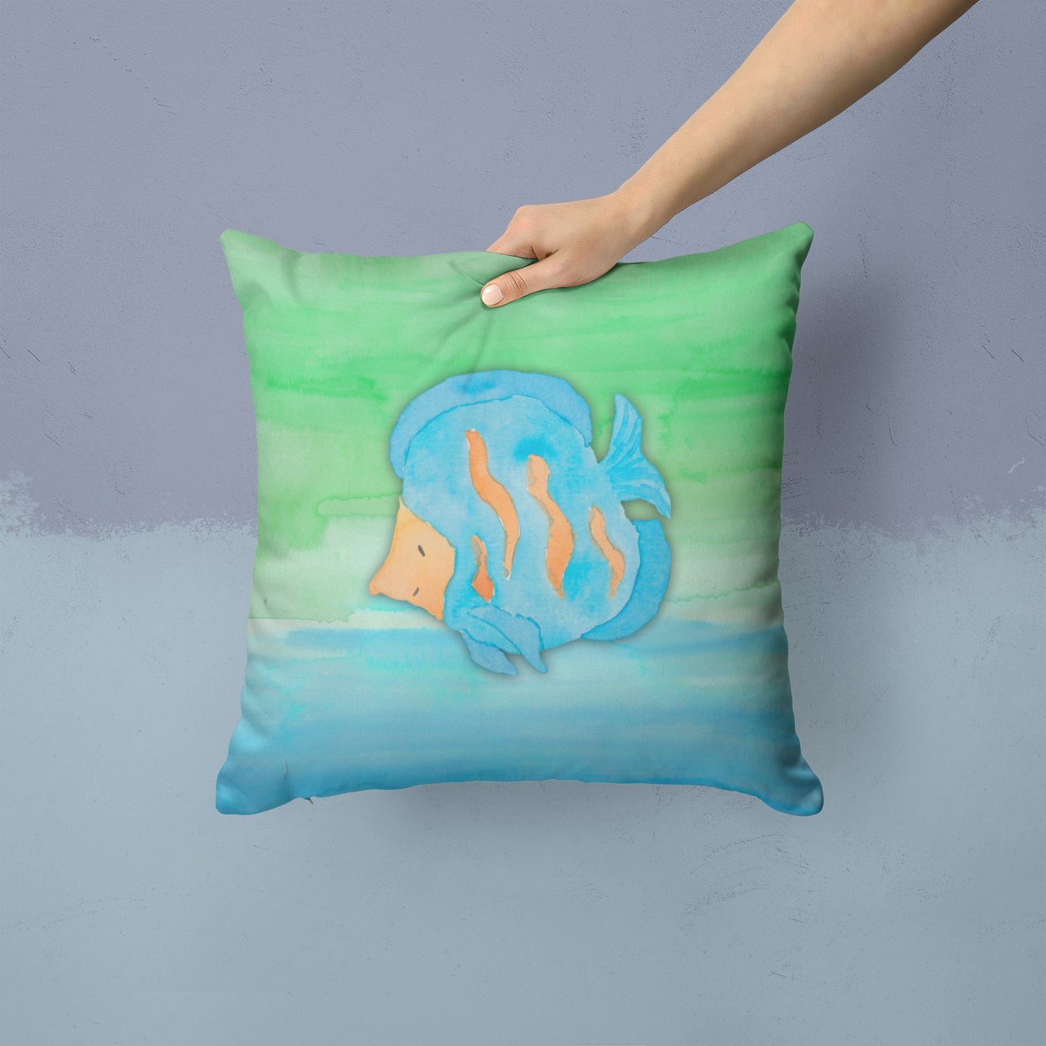 Blue Fish Watercolor Fabric Decorative Pillow BB7419PW1414 - the-store.com