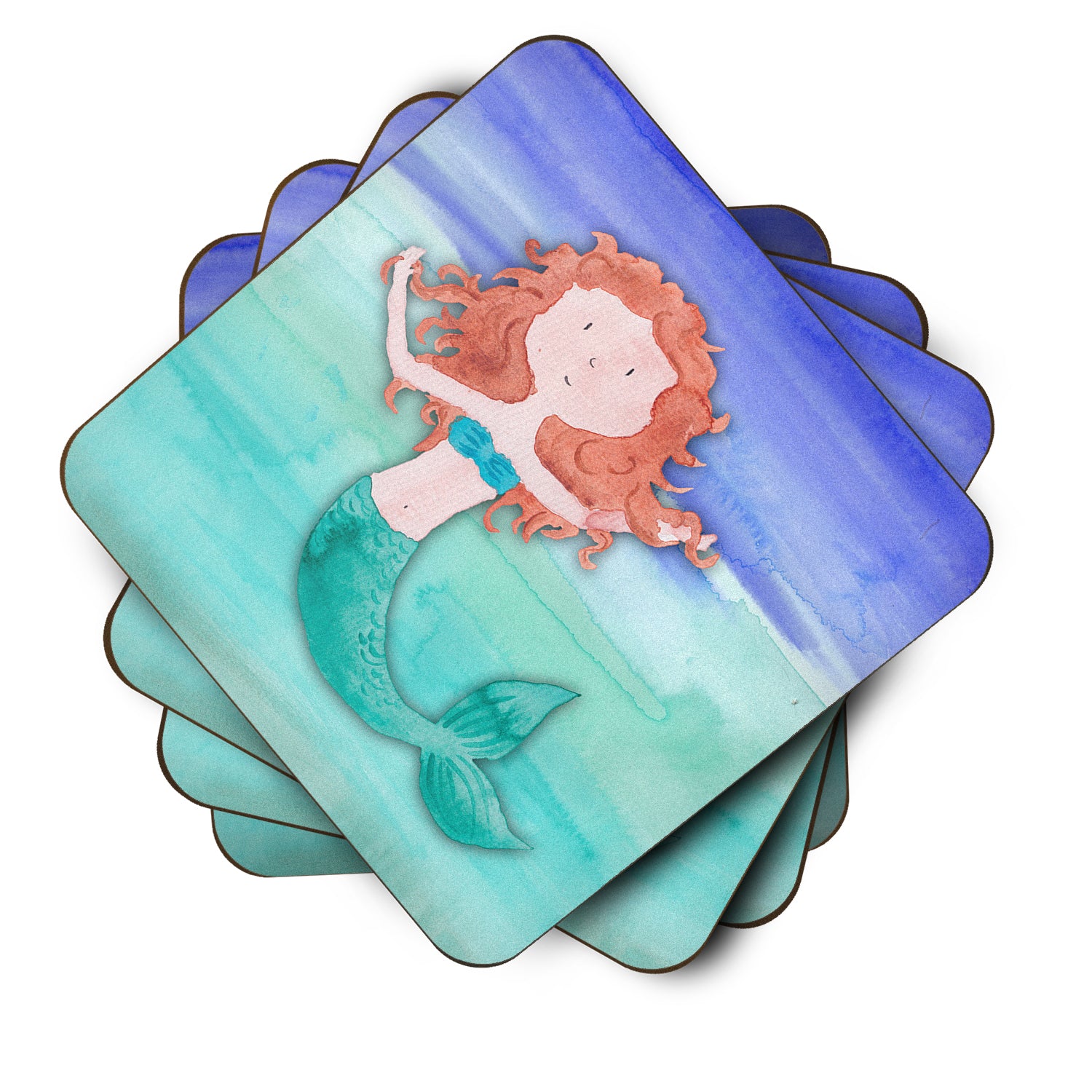 Ginger Mermaid Watercolor Foam Coaster Set of 4 BB7421FC - the-store.com