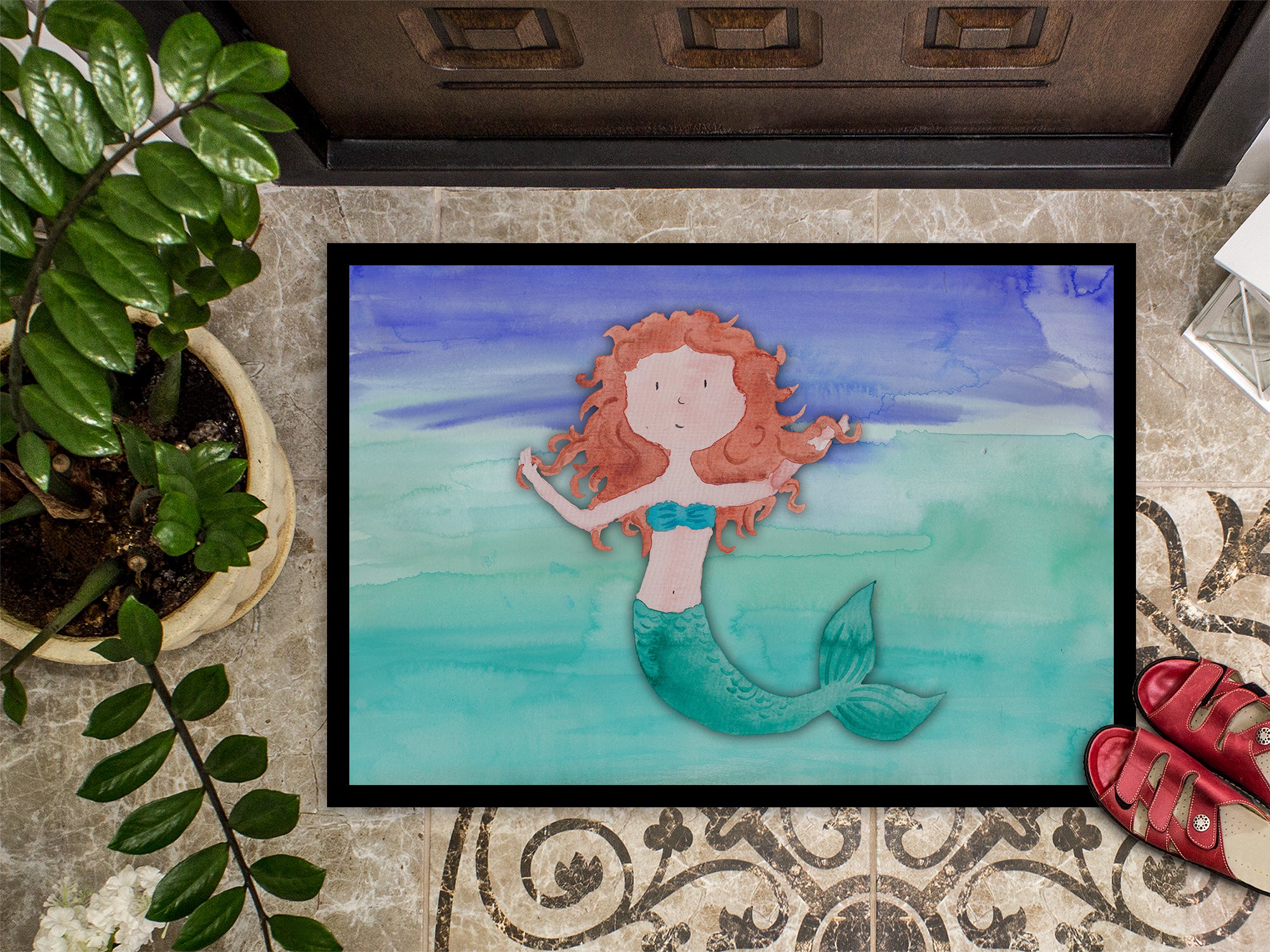 Ginger Mermaid Watercolor Indoor or Outdoor Mat 18x27 BB7421MAT - the-store.com