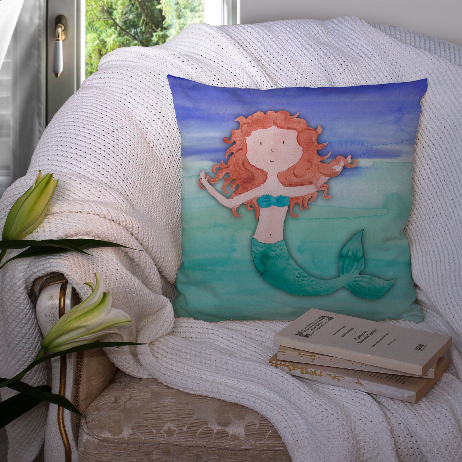 Ginger Mermaid Watercolor Fabric Decorative Pillow BB7421PW1414 - the-store.com
