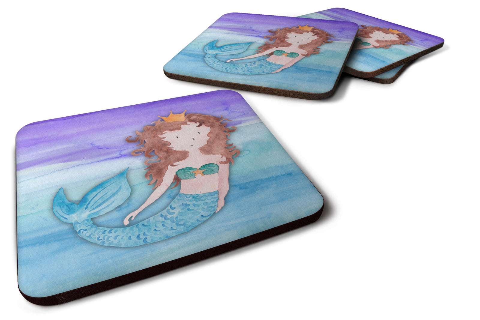 Brunette Mermaid Watercolor Foam Coaster Set of 4 BB7422FC - the-store.com