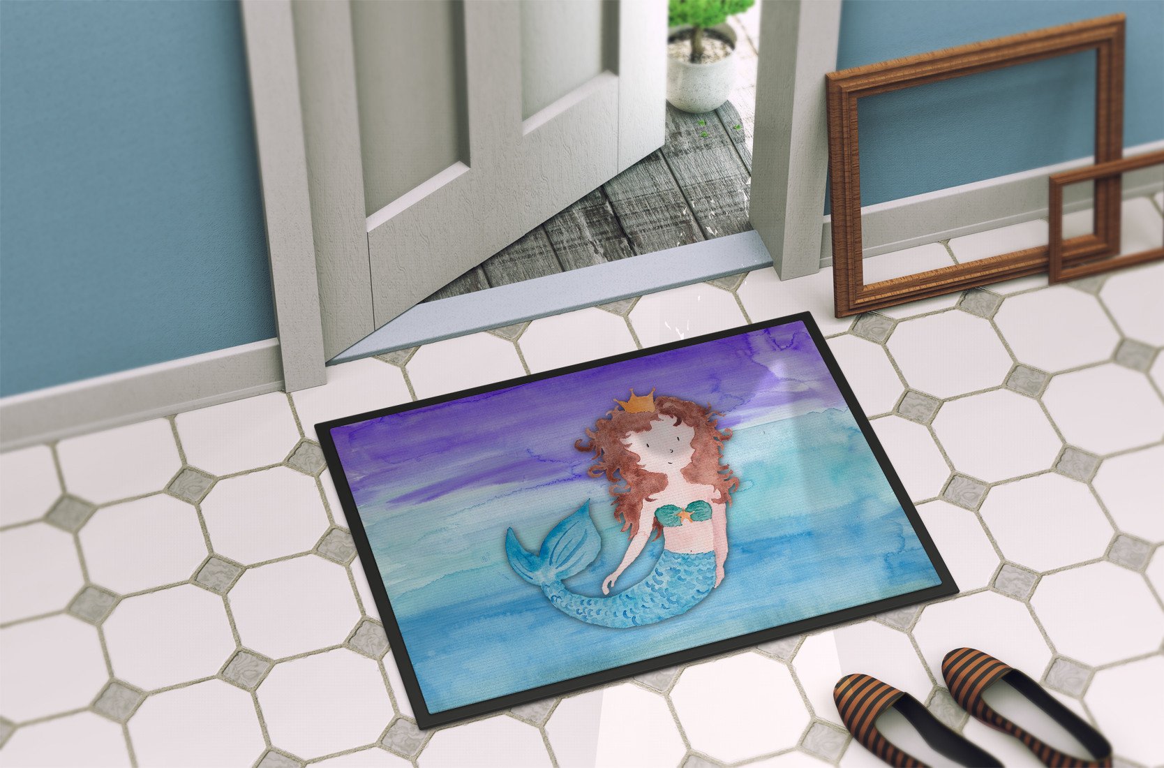 Brunette Mermaid Watercolor Indoor or Outdoor Mat 24x36 BB7422JMAT by Caroline's Treasures