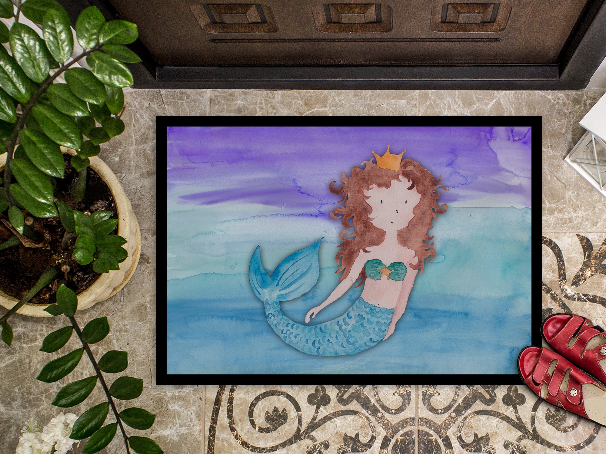 Brunette Mermaid Watercolor Indoor or Outdoor Mat 18x27 BB7422MAT - the-store.com