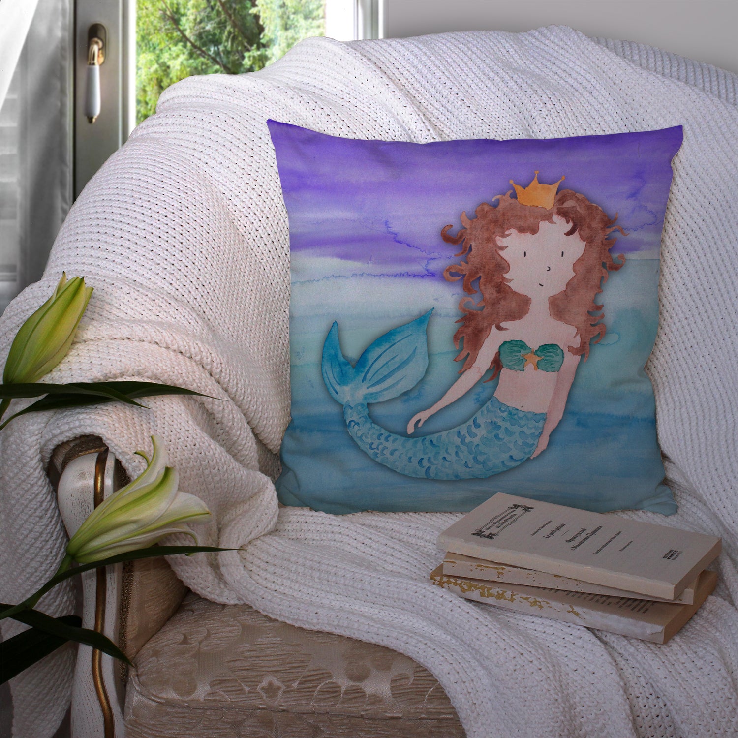 Brunette Mermaid Watercolor Fabric Decorative Pillow BB7422PW1414 - the-store.com