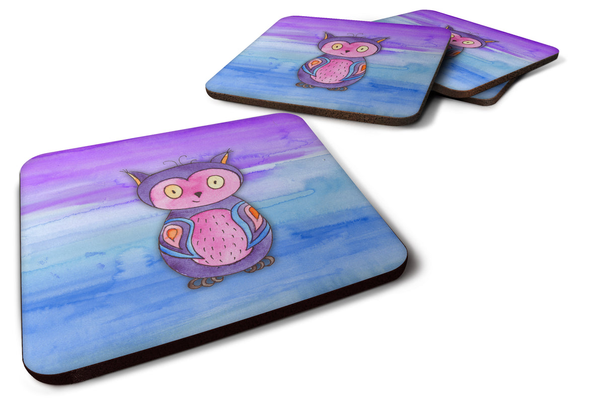 Pink and Purple Owl Watercolor Foam Coaster Set of 4 BB7427FC - the-store.com