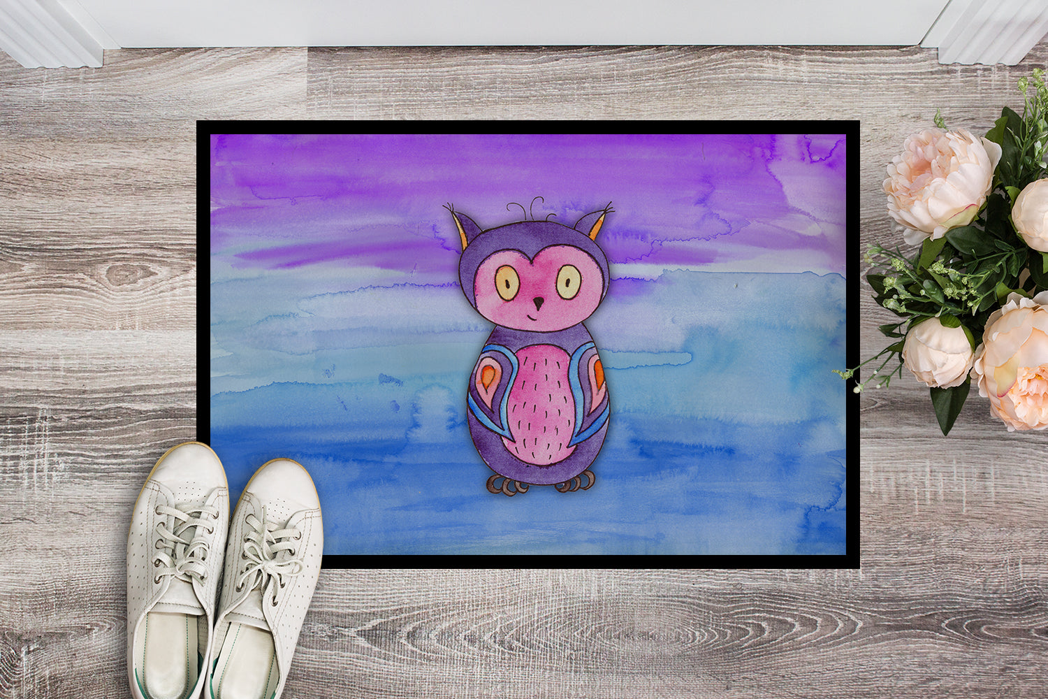 Pink and Purple Owl Watercolor Indoor or Outdoor Mat 18x27 BB7427MAT - the-store.com