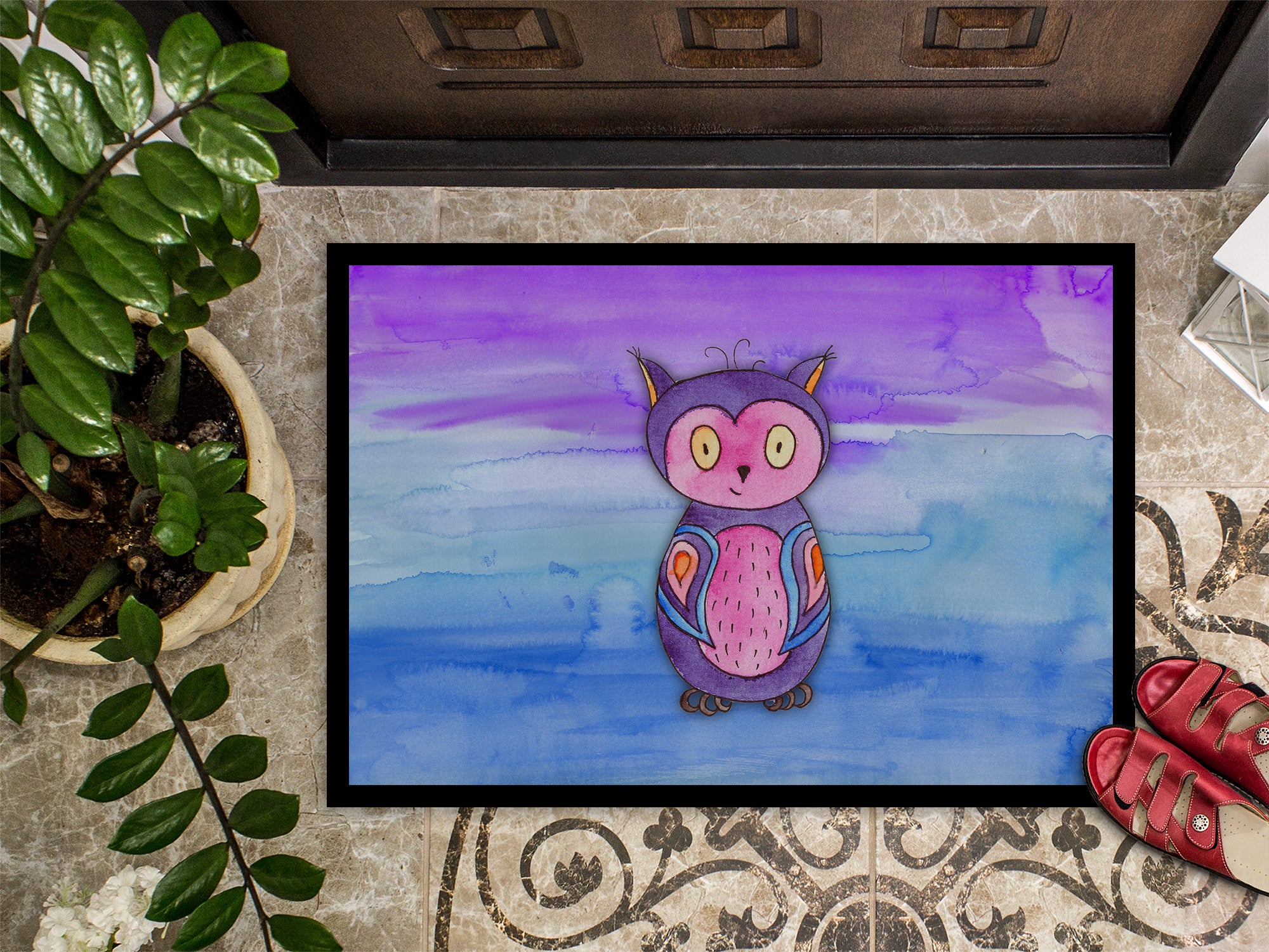 Pink and Purple Owl Watercolor Indoor or Outdoor Mat 18x27 BB7427MAT - the-store.com