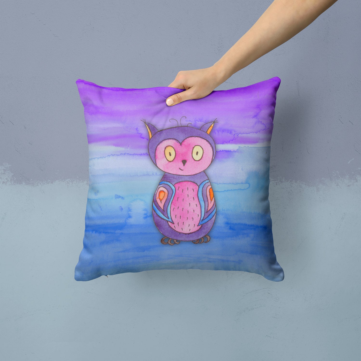 Pink and Purple Owl Watercolor Fabric Decorative Pillow BB7427PW1414 - the-store.com