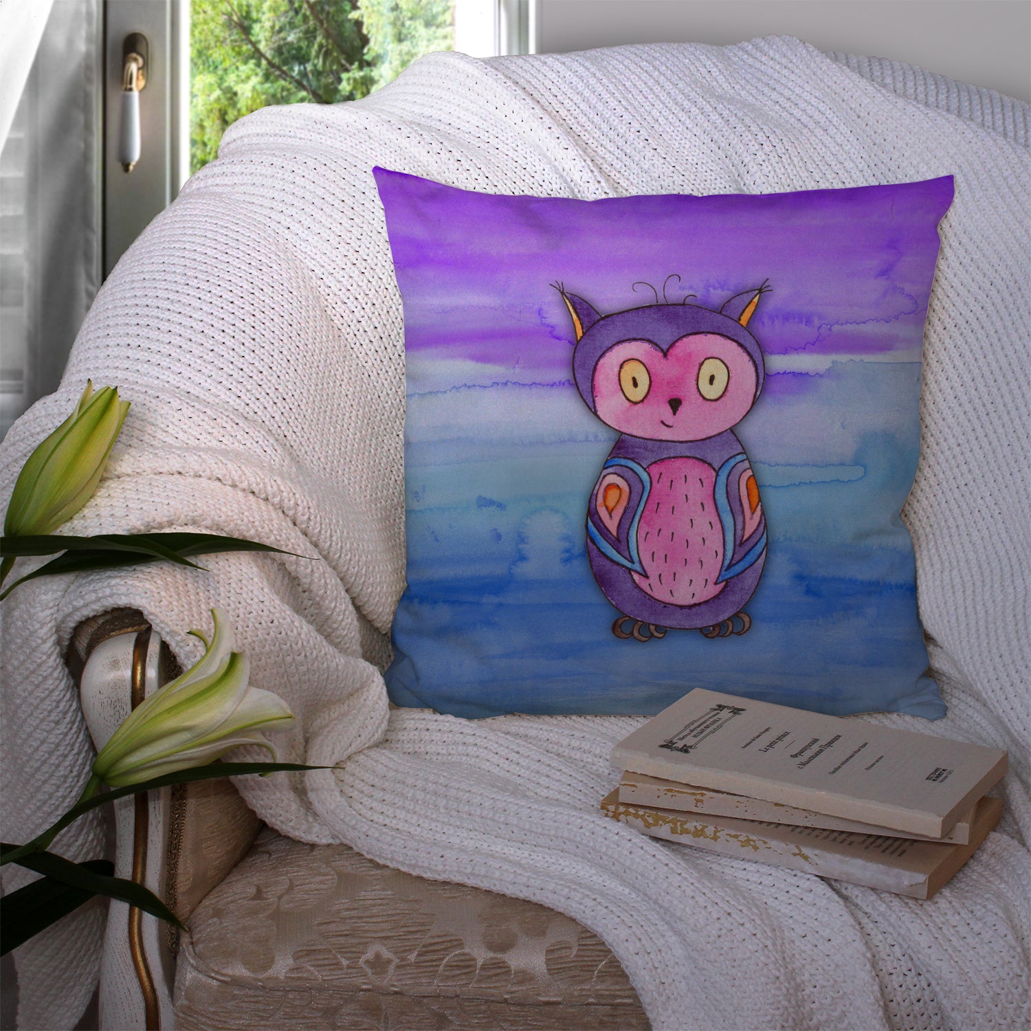 Pink and Purple Owl Watercolor Fabric Decorative Pillow BB7427PW1414 - the-store.com