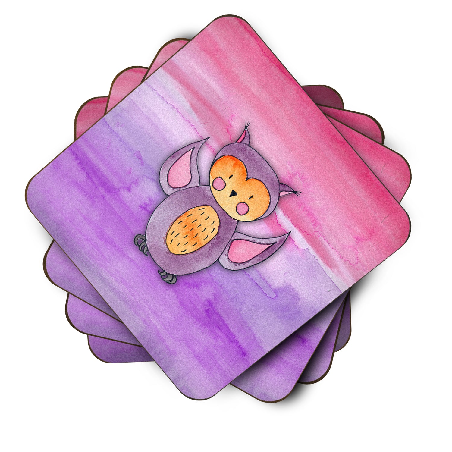 Pink and Purple Owl Watercolor Foam Coaster Set of 4 BB7428FC - the-store.com
