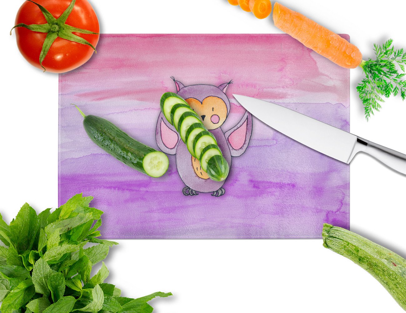 Pink and Purple Owl Watercolor Glass Cutting Board Large BB7428LCB by Caroline's Treasures
