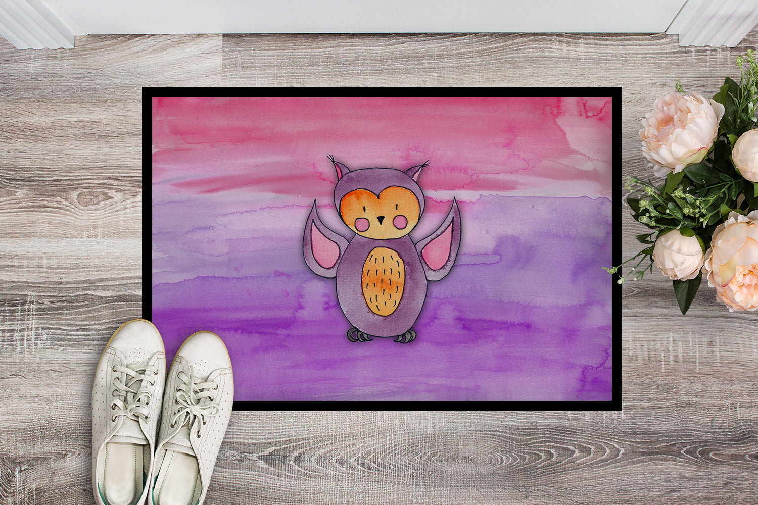 Pink and Purple Owl Watercolor Indoor or Outdoor Mat 18x27 BB7428MAT - the-store.com