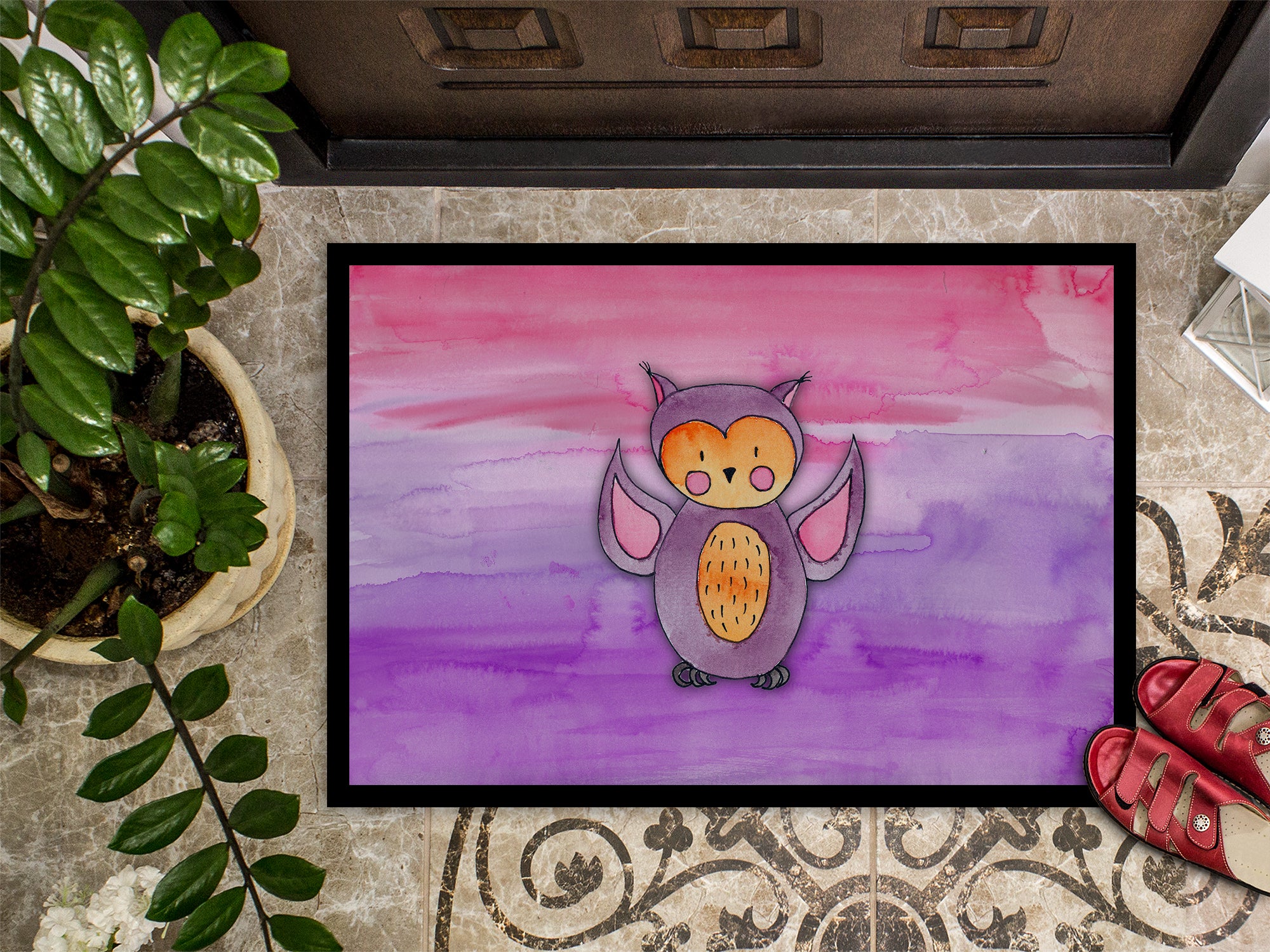 Pink and Purple Owl Watercolor Indoor or Outdoor Mat 18x27 BB7428MAT - the-store.com