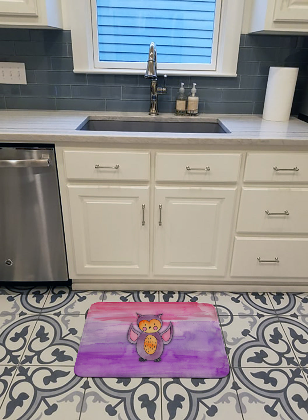 Pink and Purple Owl Watercolor Machine Washable Memory Foam Mat BB7428RUG - the-store.com