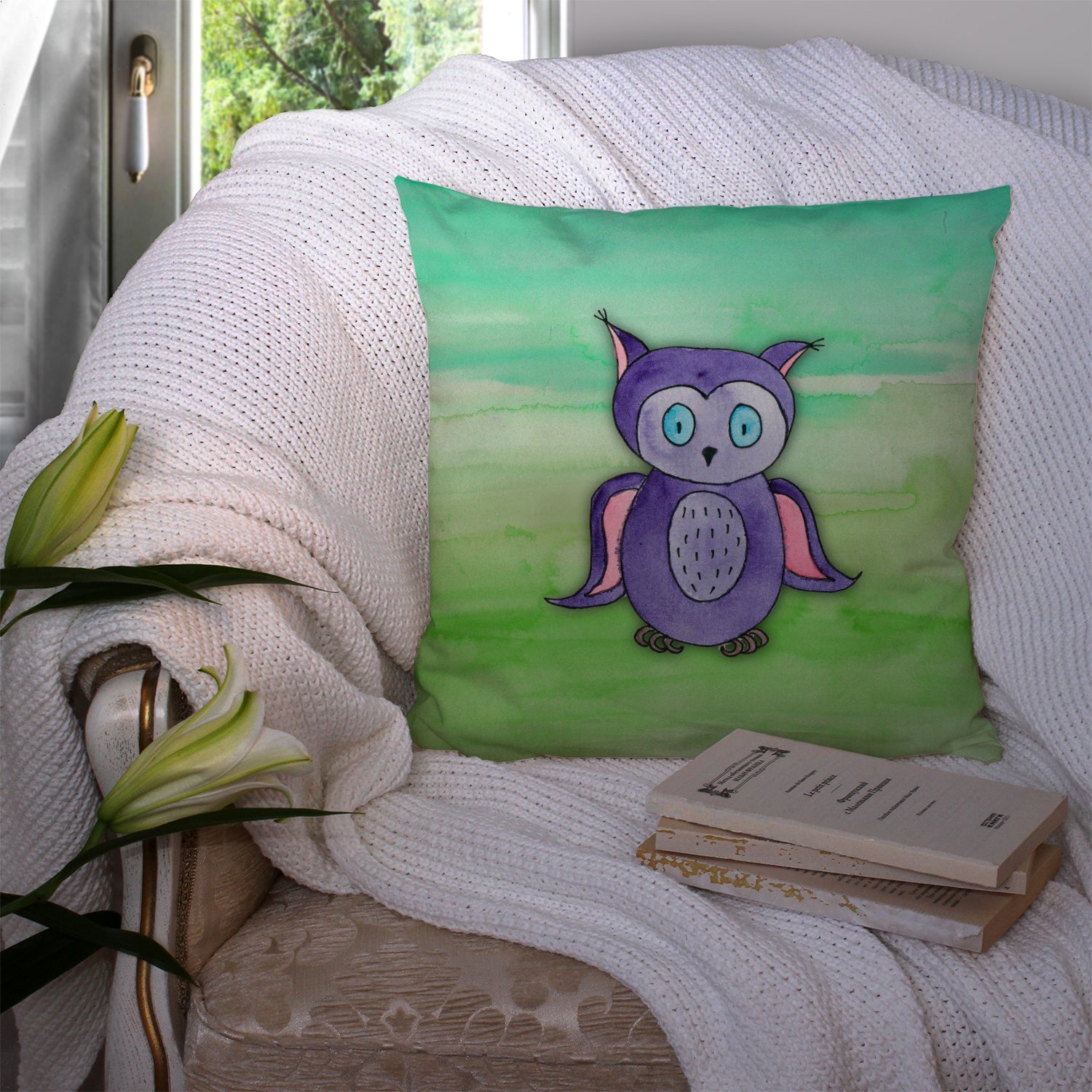 Purple Owl Watercolor Fabric Decorative Pillow BB7429PW1414 - the-store.com