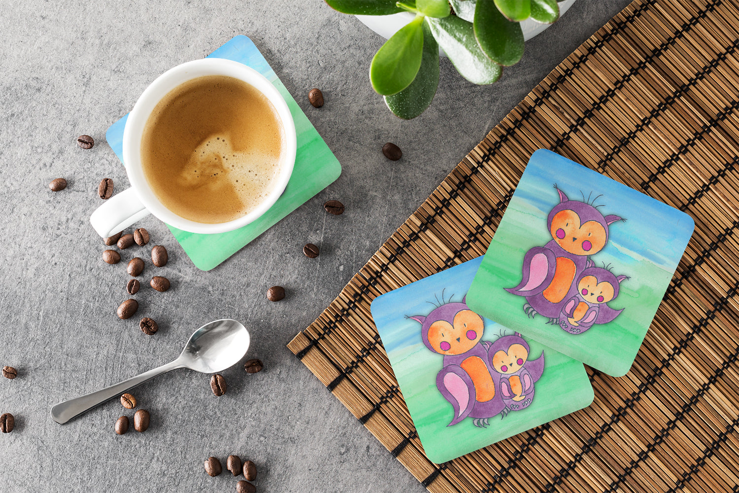 Momma and Baby Owl Watercolor Foam Coaster Set of 4 BB7430FC - the-store.com