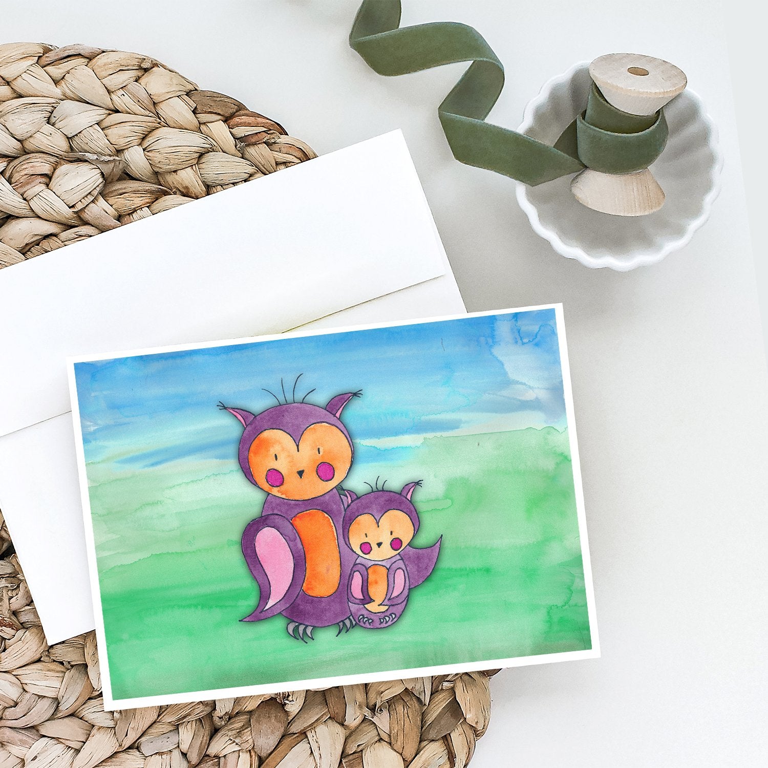 Momma and Baby Owl Watercolor Greeting Cards and Envelopes Pack of 8 - the-store.com