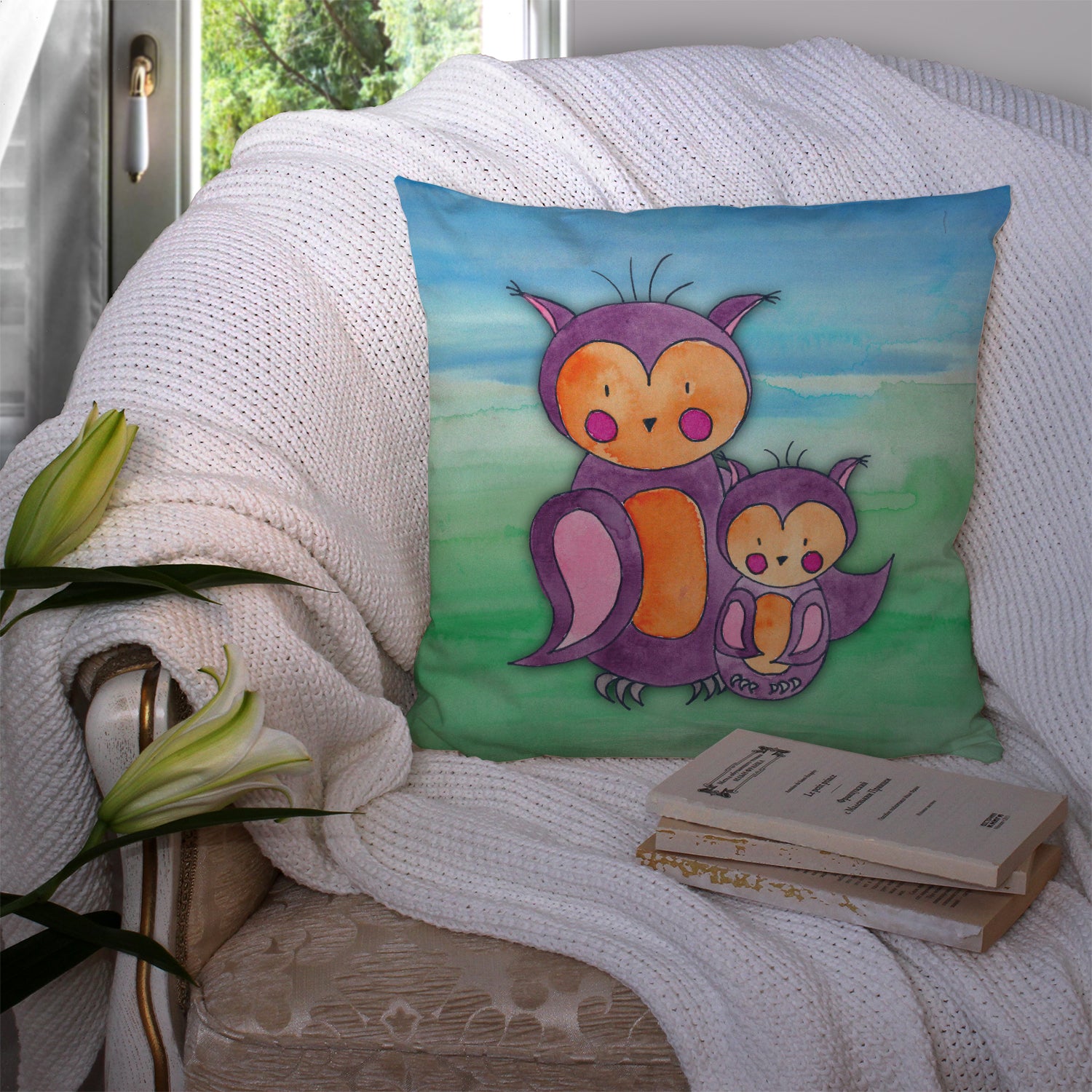 Momma and Baby Owl Watercolor Fabric Decorative Pillow BB7430PW1414 - the-store.com