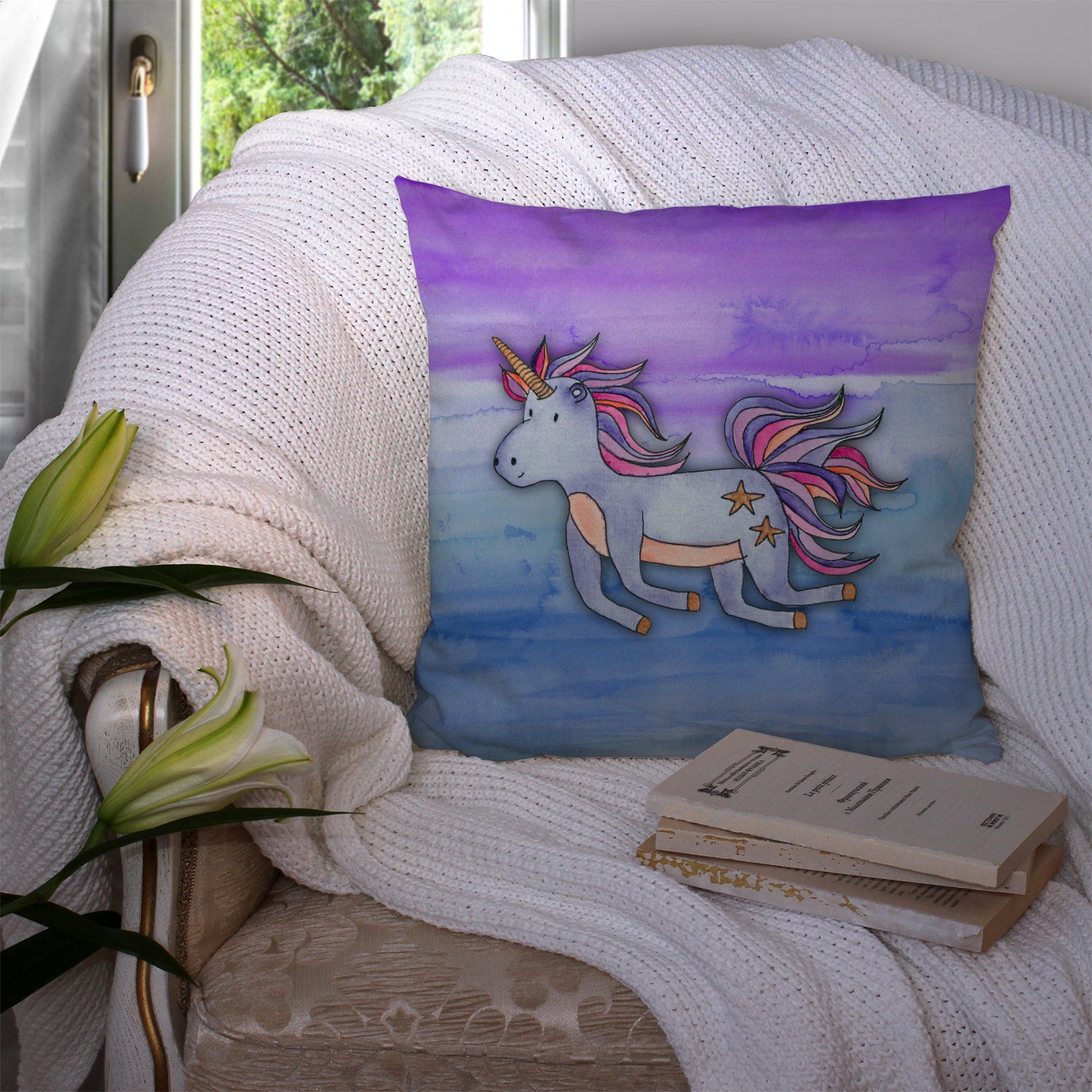 Blue Unicorn Watercolor Fabric Decorative Pillow BB7433PW1414 - the-store.com
