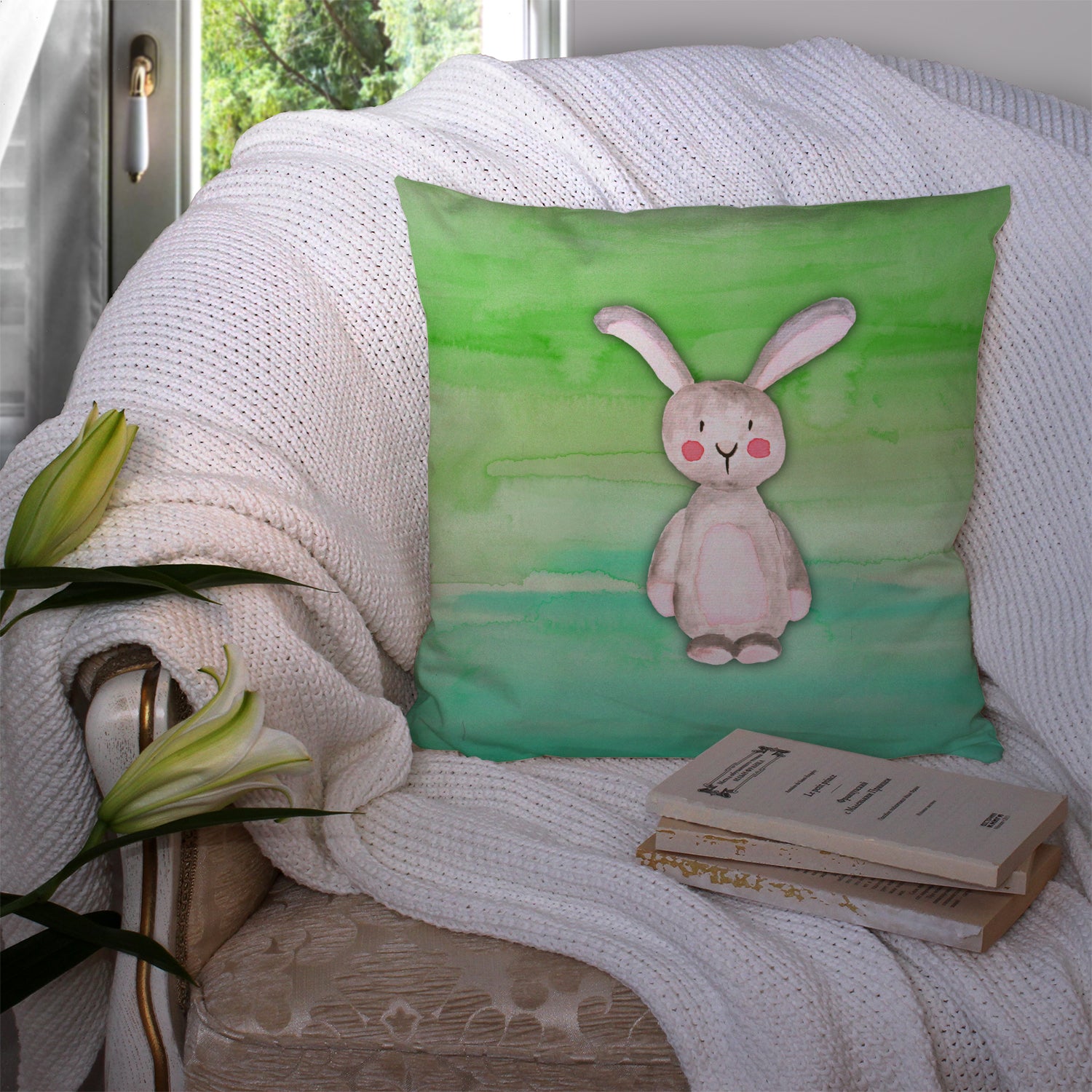Bunny Rabbit Watercolor Fabric Decorative Pillow BB7437PW1414 - the-store.com