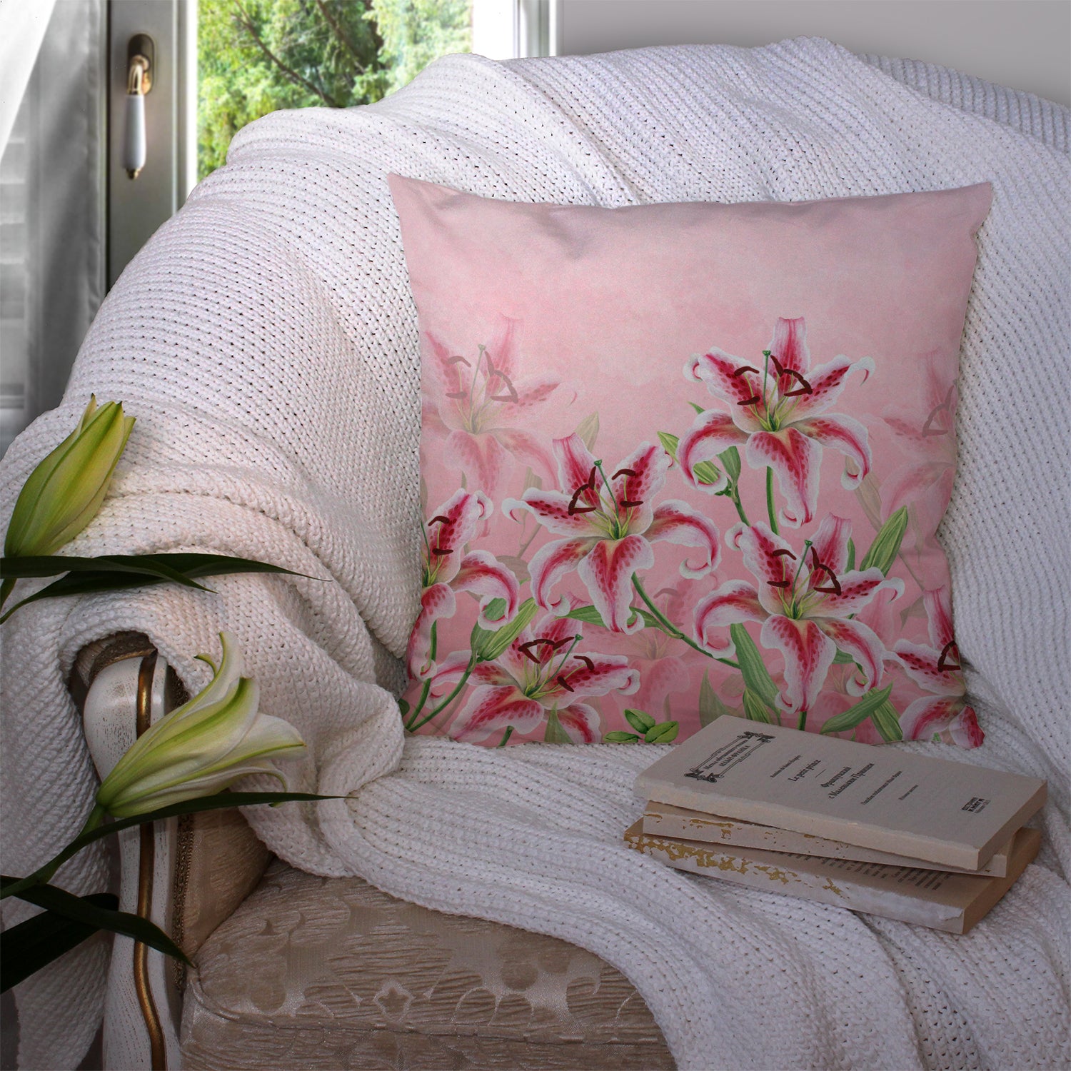 Pink Lillies Fabric Decorative Pillow BB7446PW1414 - the-store.com