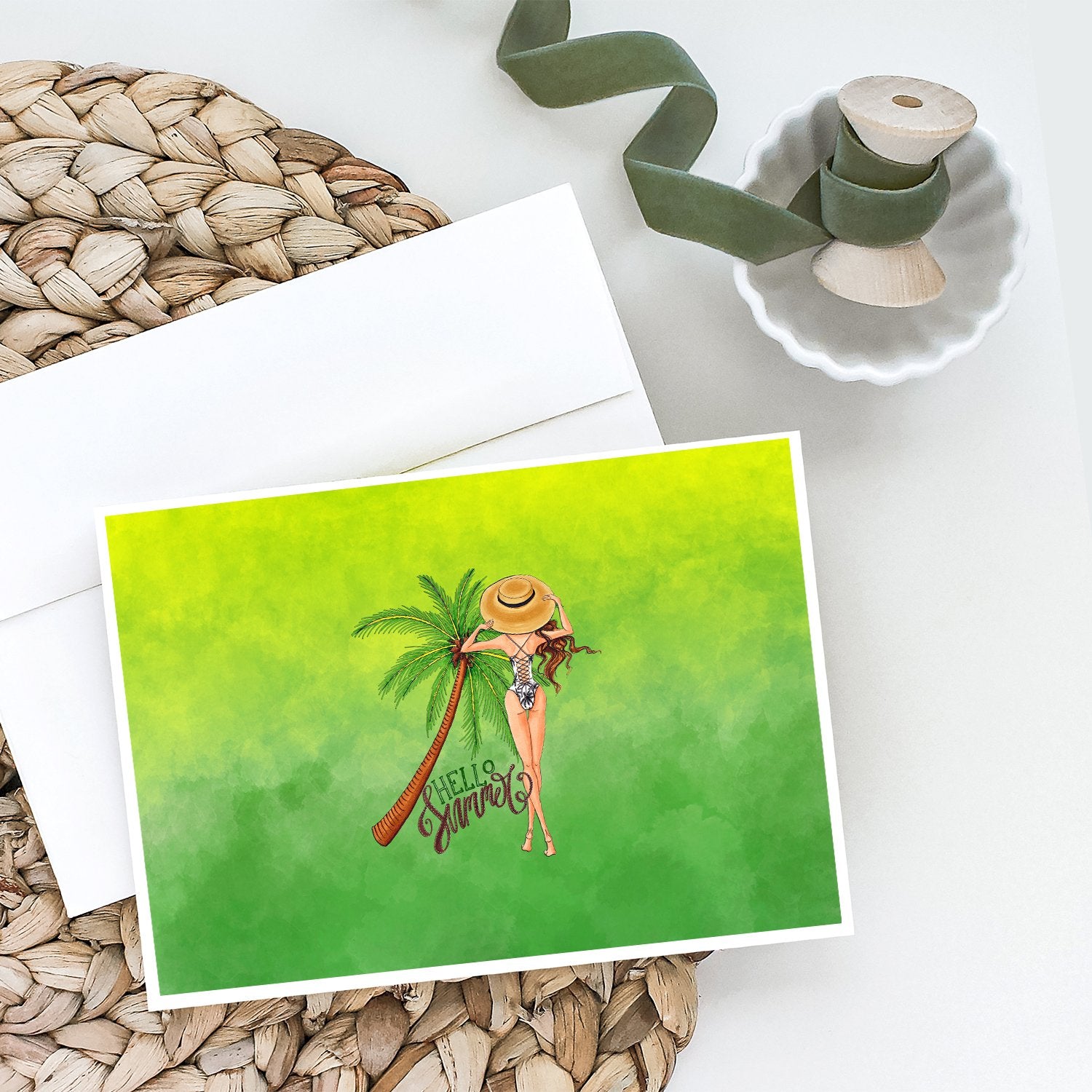 Hello Summer Lady in Swimsuit Greeting Cards and Envelopes Pack of 8 - the-store.com