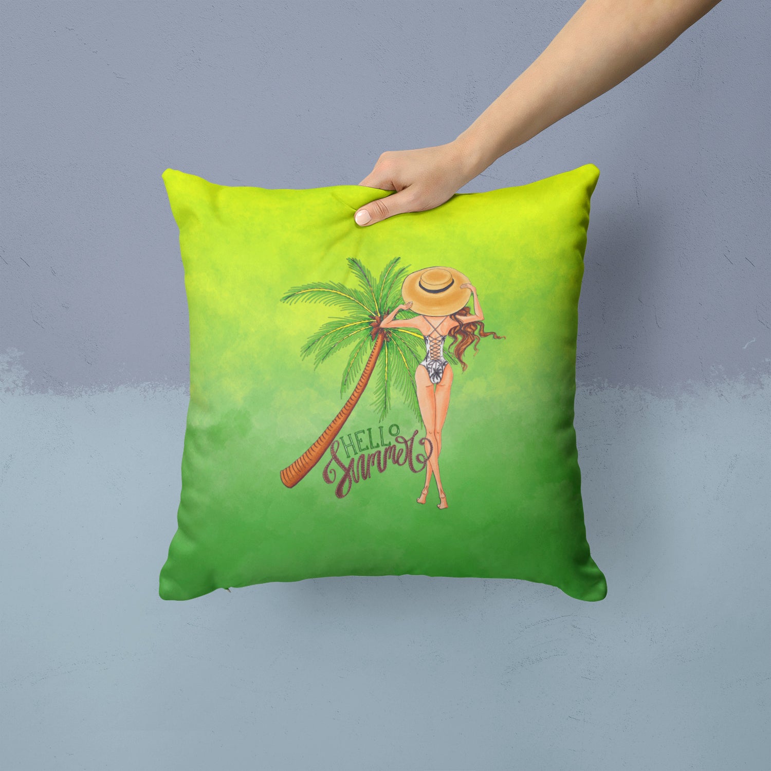 Hello Summer Lady in Swimsuit Fabric Decorative Pillow BB7452PW1414 - the-store.com