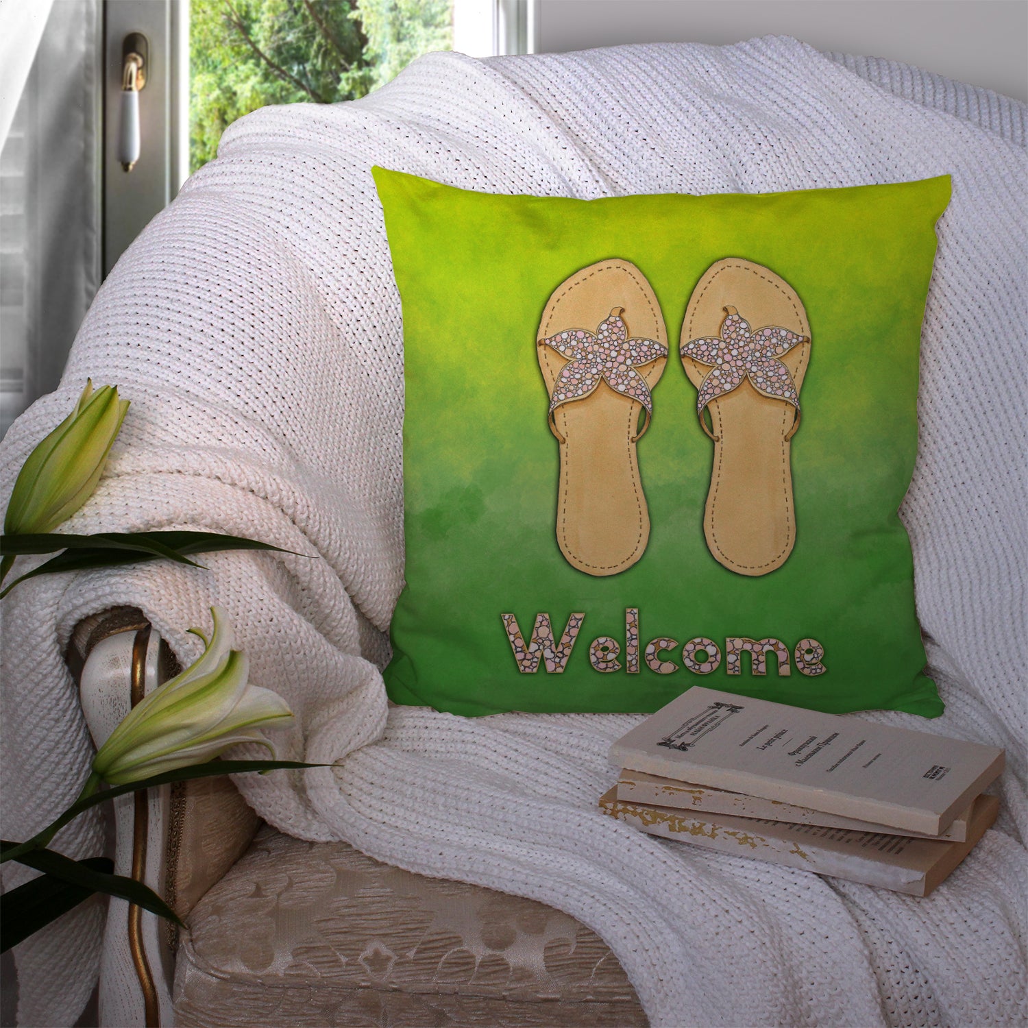 Flip Flops Welcome Fabric Decorative Pillow BB7454PW1414 - the-store.com