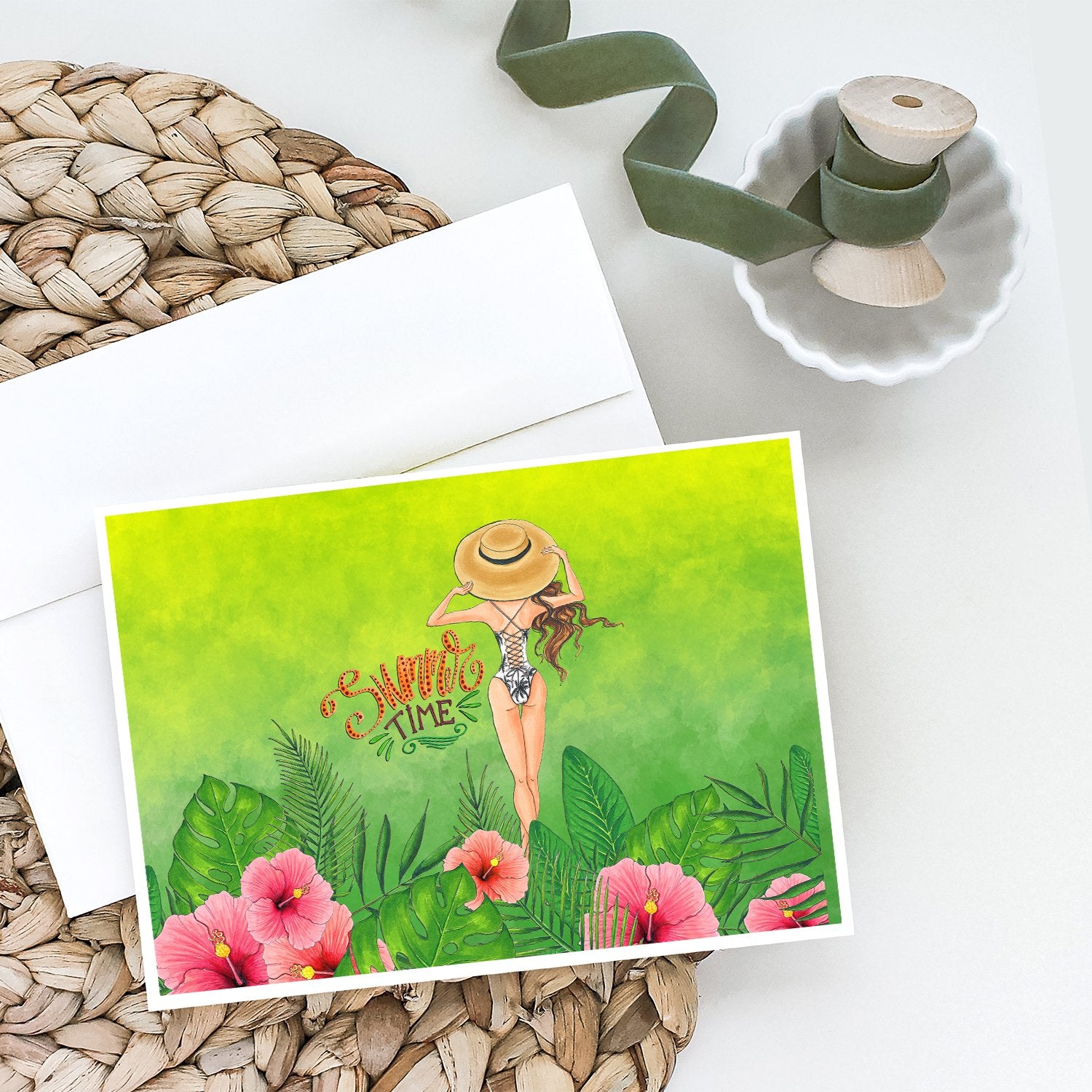 Summer Time Lady in Swimsuit Greeting Cards and Envelopes Pack of 8 - the-store.com