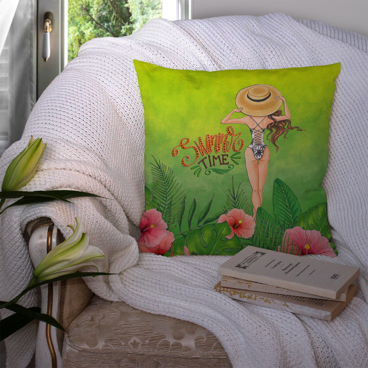 Summer Time Lady in Swimsuit Fabric Decorative Pillow BB7455PW1414 - the-store.com