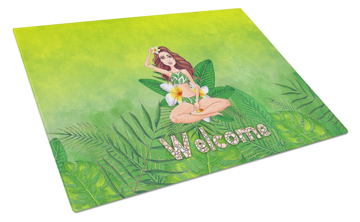 Welcome Lady in Bikini Summer Glass Cutting Board Large BB7457LCB by Caroline&#39;s Treasures