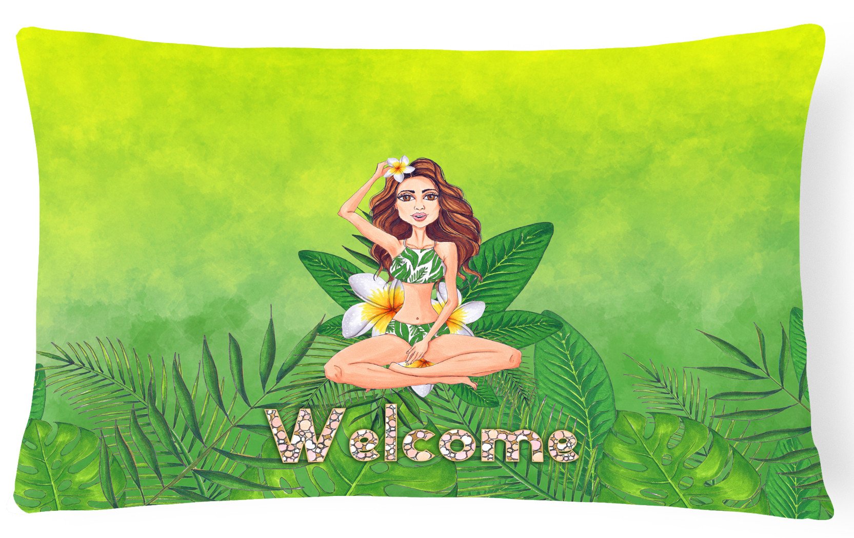 Welcome Lady in Bikini Summer Canvas Fabric Decorative Pillow BB7457PW1216 by Caroline's Treasures