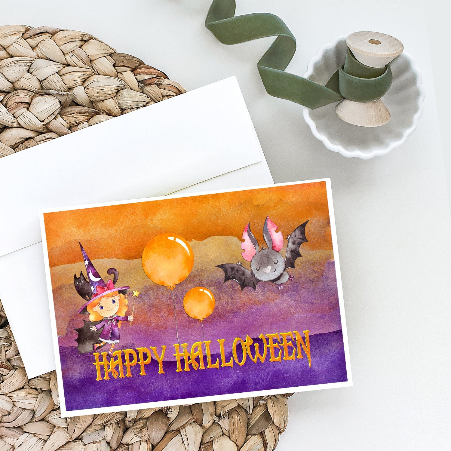 Halloween Little Witch and Bat Greeting Cards and Envelopes Pack of 8 - the-store.com