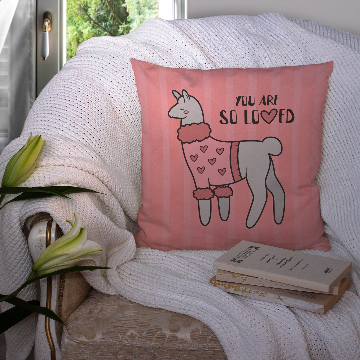 Nursery You are so Loved Llama Fabric Decorative Pillow BB7469PW1414 - the-store.com