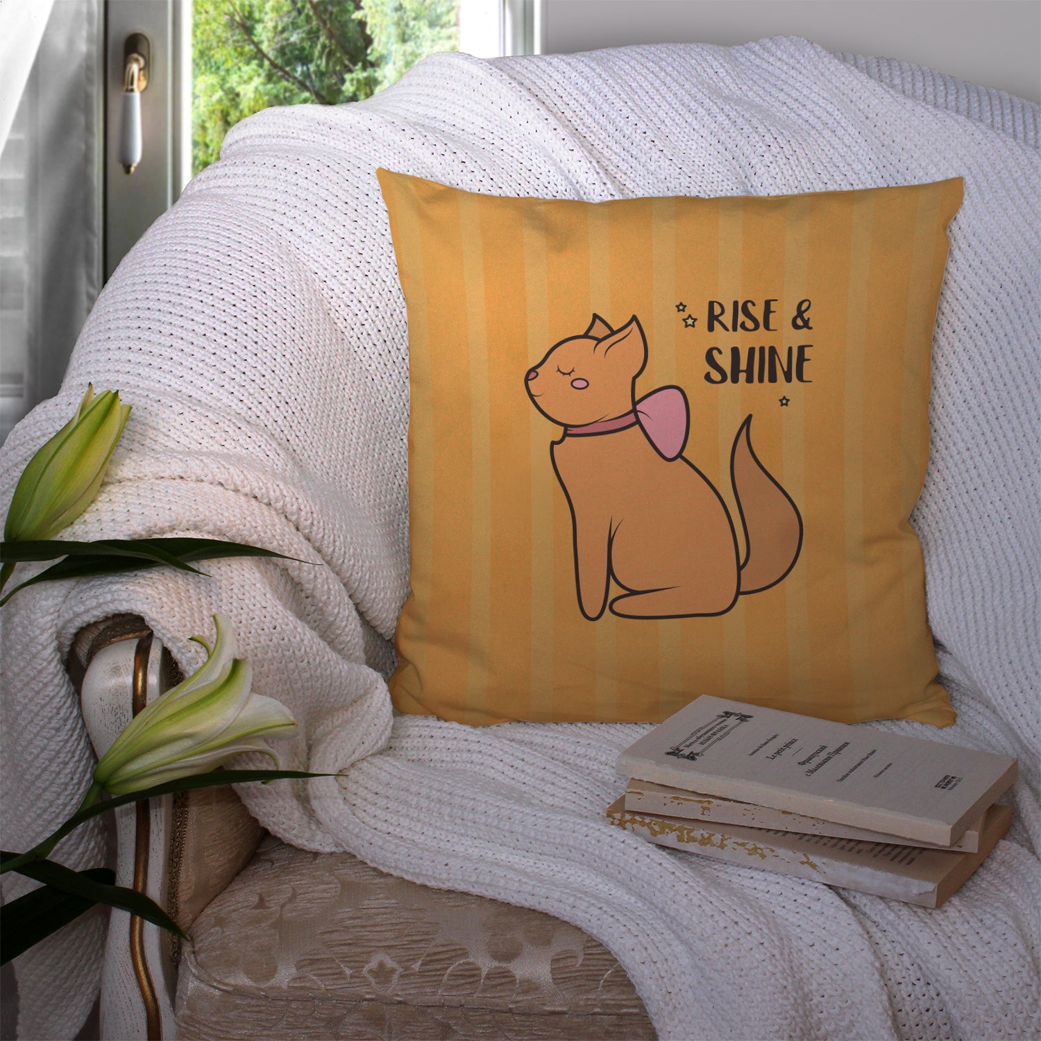 Nursery Rise and Shine Cat Fabric Decorative Pillow BB7473PW1414 - the-store.com