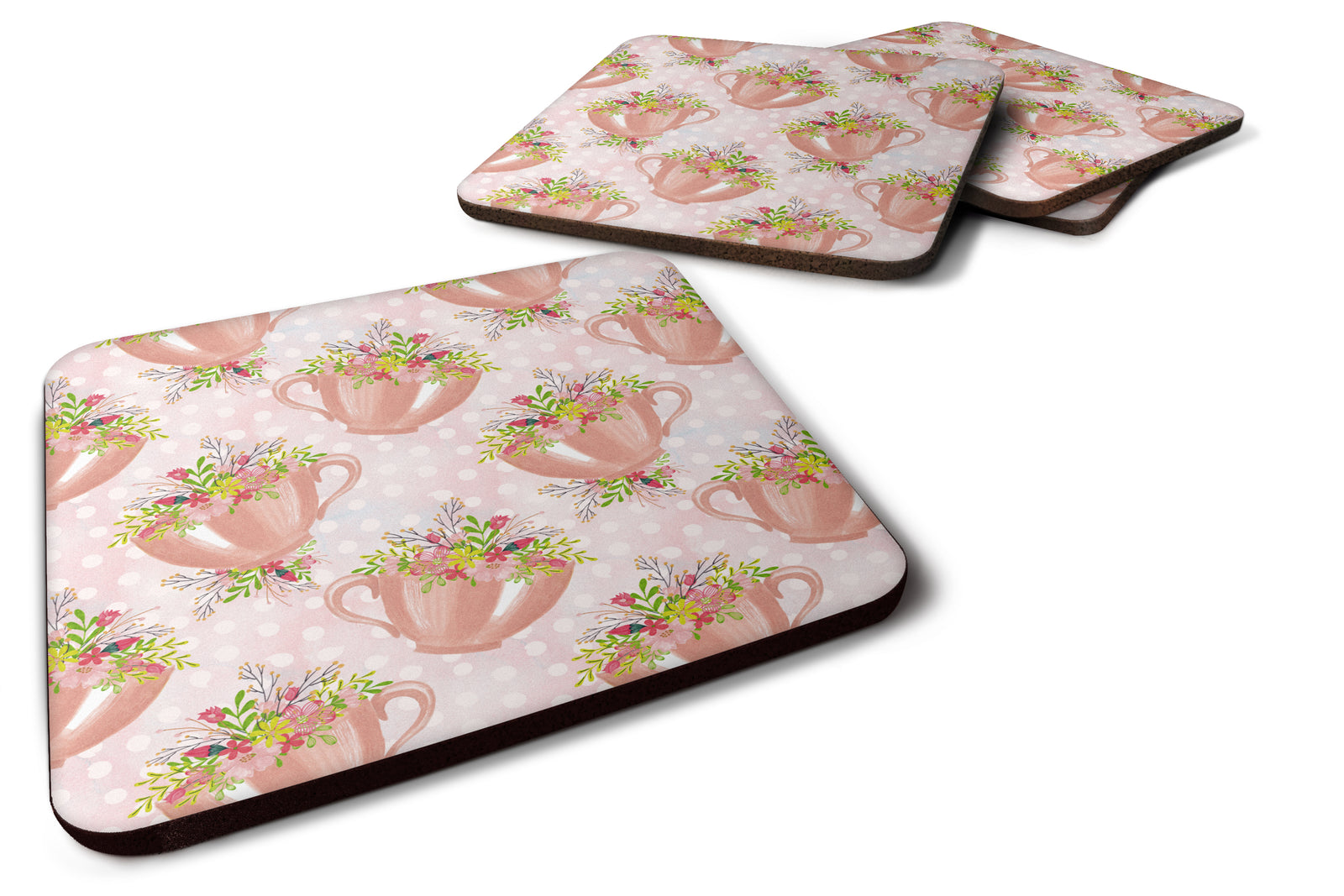 Tea Cup and Flowers Pink Foam Coaster Set of 4 BB7481FC - the-store.com