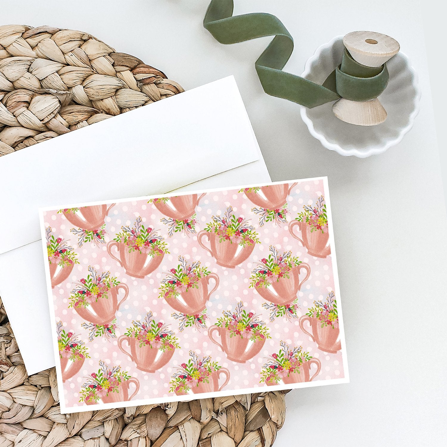 Caroline's Treasures Tea Cup and Flowers Pink Greeting Cards - Blank Note Cards – 8-Pack of Artist-Designed Cards with Envelopes