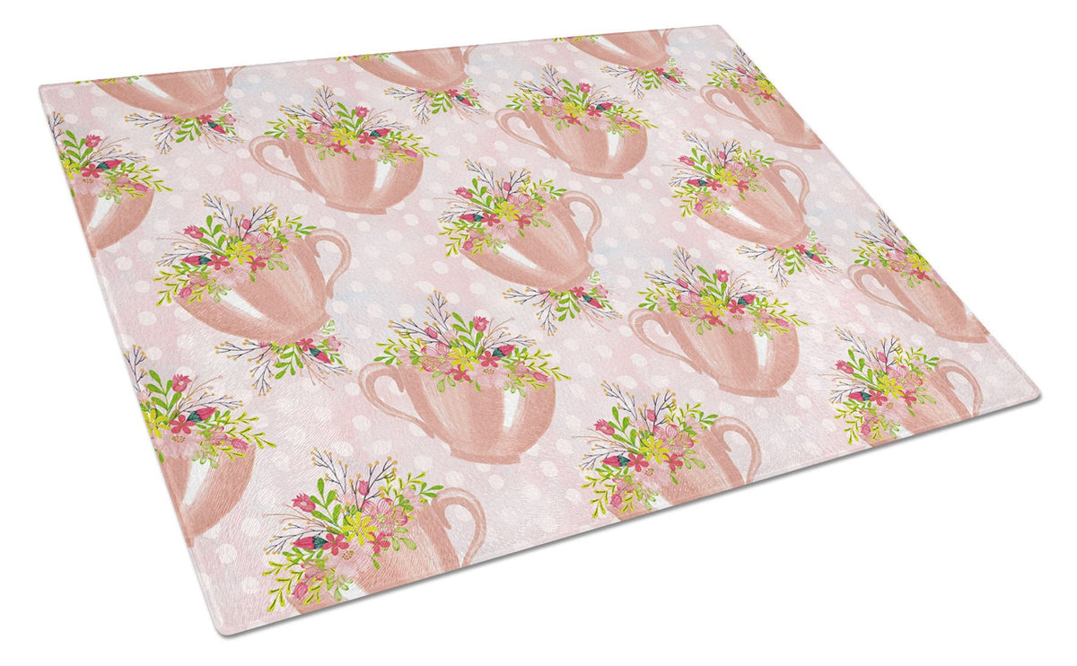 Tea Cup and Flowers Pink Glass Cutting Board Large BB7481LCB by Caroline&#39;s Treasures
