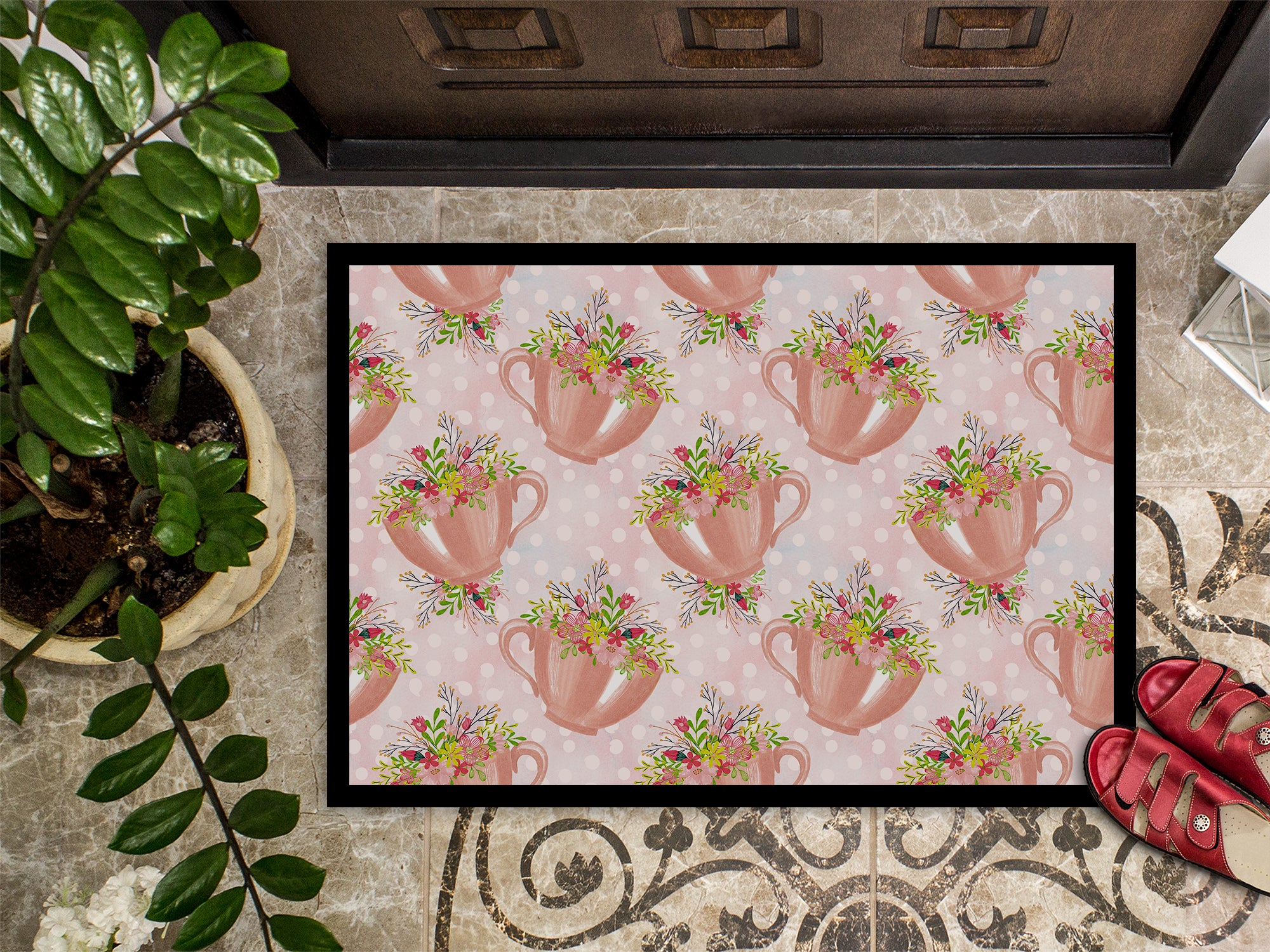 Tea Cup and Flowers Pink Indoor or Outdoor Mat 18x27 BB7481MAT - the-store.com