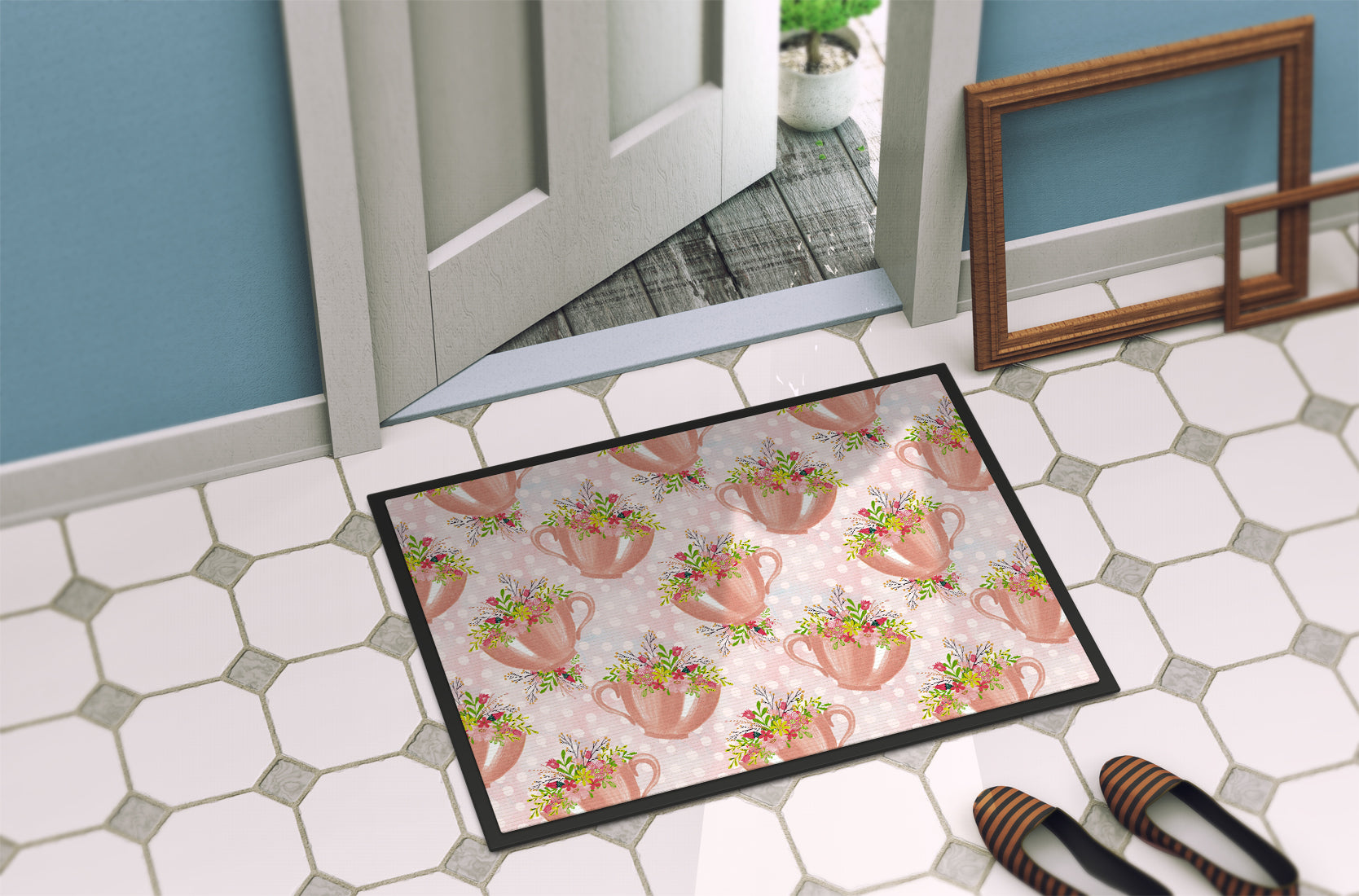 Tea Cup and Flowers Pink Indoor or Outdoor Mat 18x27 BB7481MAT - the-store.com