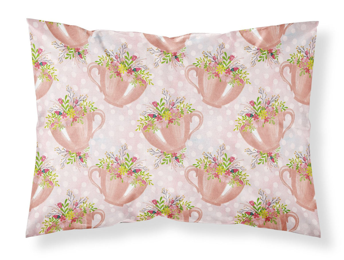 Tea Cup and Flowers Pink Fabric Standard Pillowcase BB7481PILLOWCASE by Caroline&#39;s Treasures