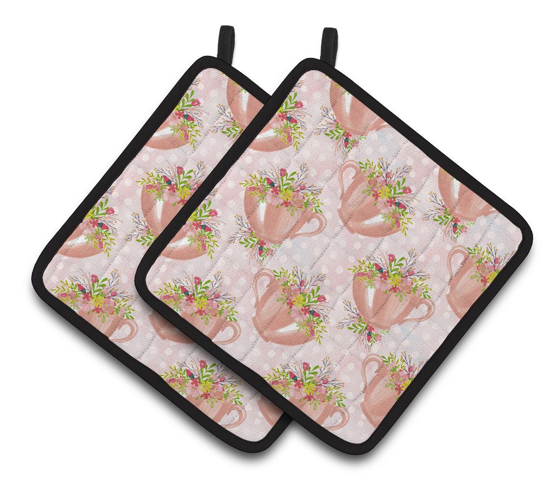 Tea Cup and Flowers Pink Pair of Pot Holders BB7481PTHD by Caroline&#39;s Treasures