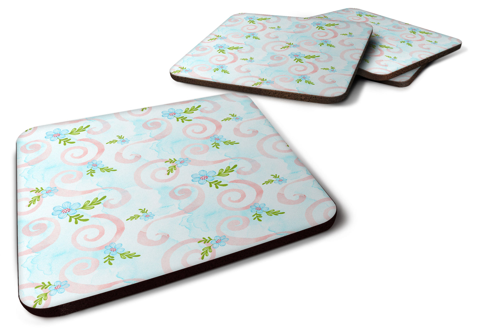 Watercolor Blue Flowers and Swirls Foam Coaster Set of 4 BB7482FC - the-store.com
