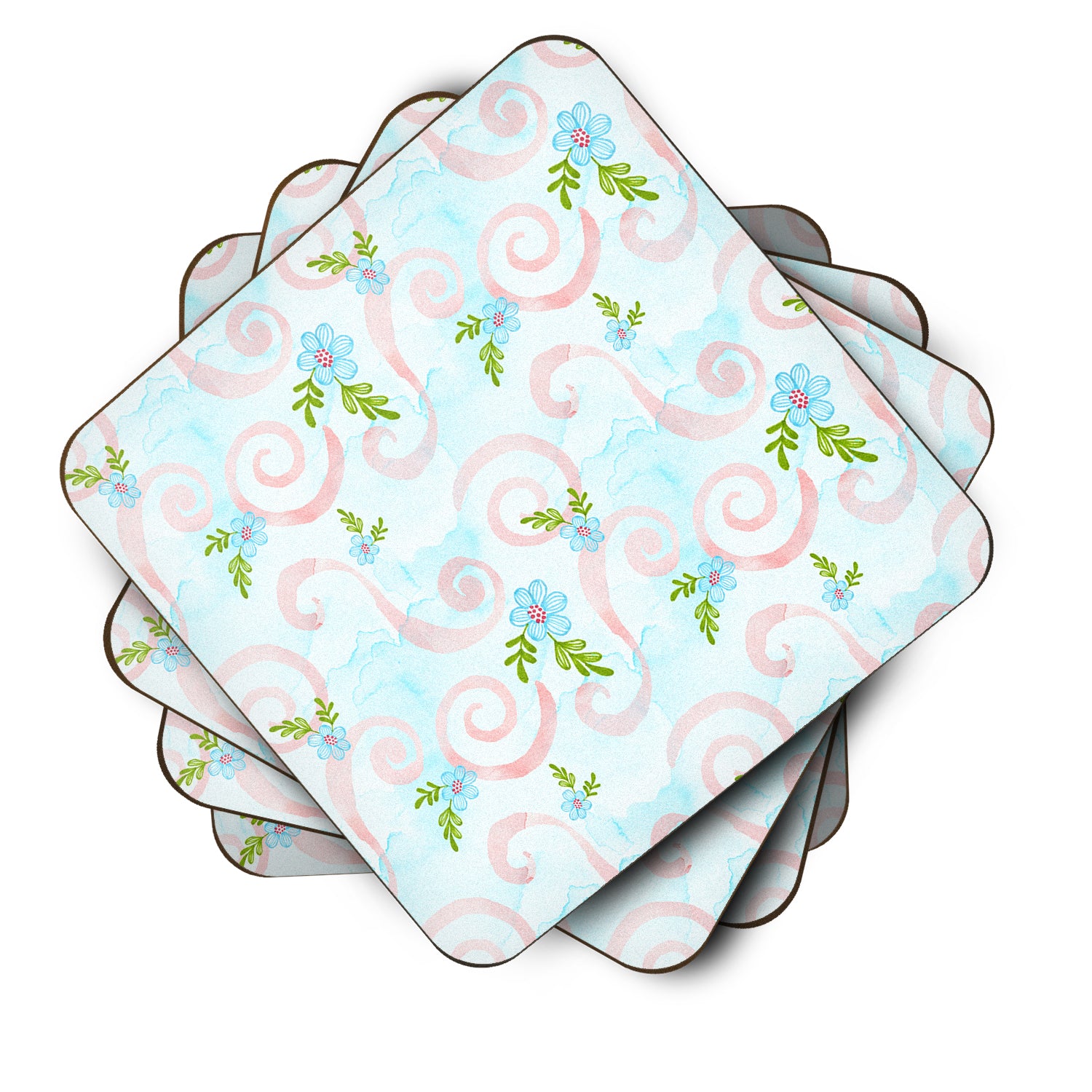 Watercolor Blue Flowers and Swirls Foam Coaster Set of 4 BB7482FC - the-store.com